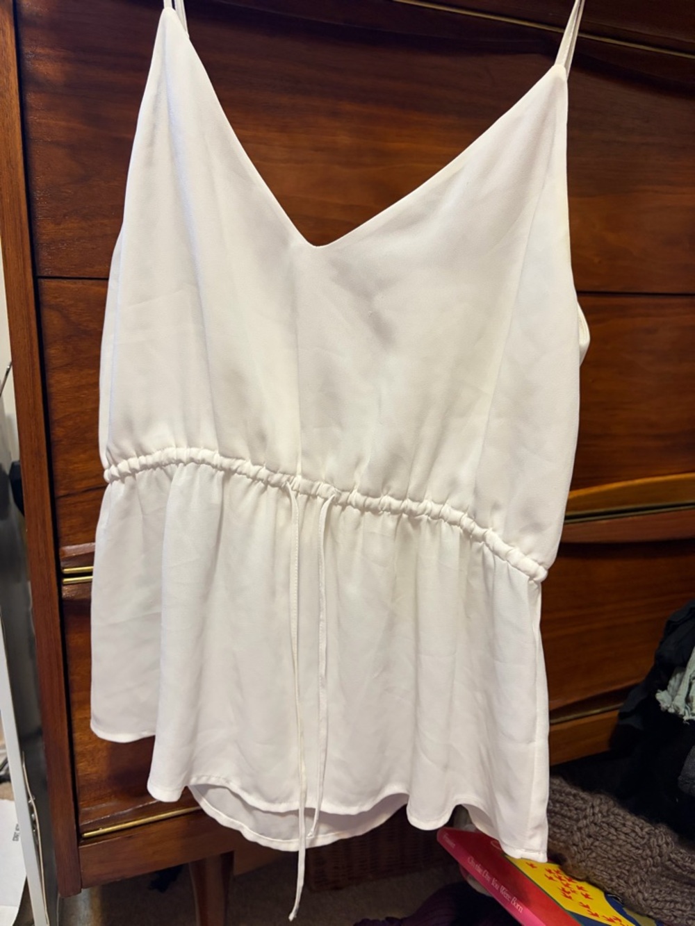 Aritzia White V-Neck Spaghetti Strap Drawstring Peplum Cami